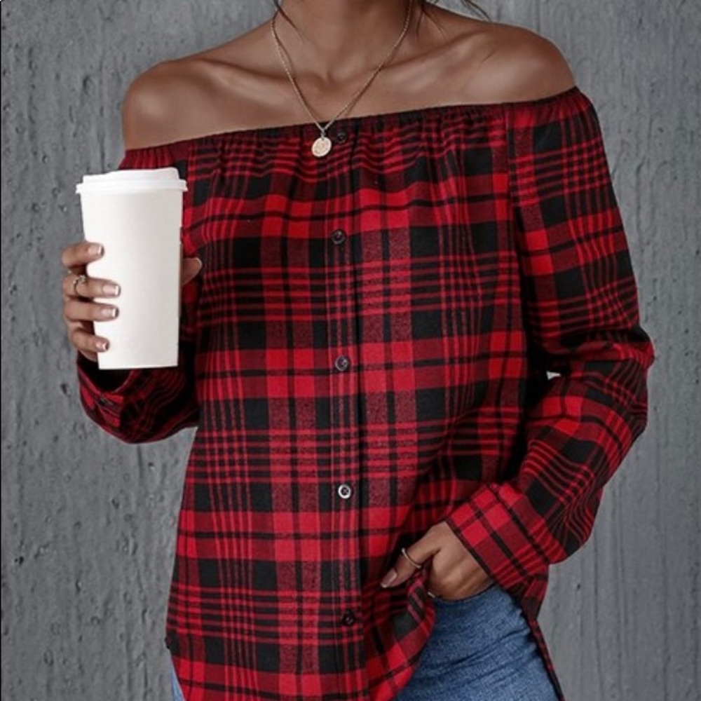 Red Plaid Off-shoulder tunic